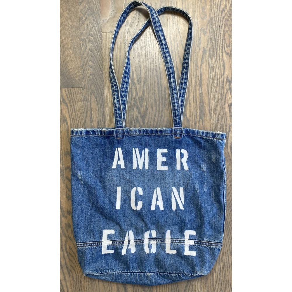 American Eagle Denim Distressed Tote Bag Blue White Logo Spell Out